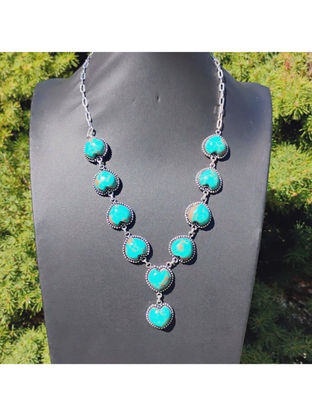 Royston Turquoise Heart Shaped Stone Silver Lariat Necklace Adjustable up to 20"